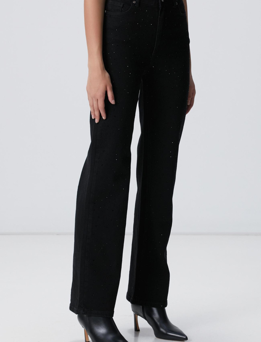 Network Kadın Siyah Geniş Paça Taşlı Pantolon