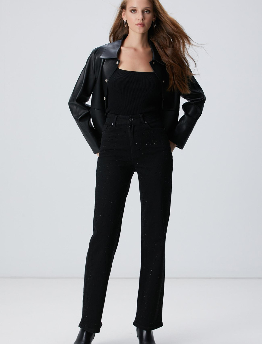 Network Kadın Siyah Geniş Paça Taşlı Pantolon