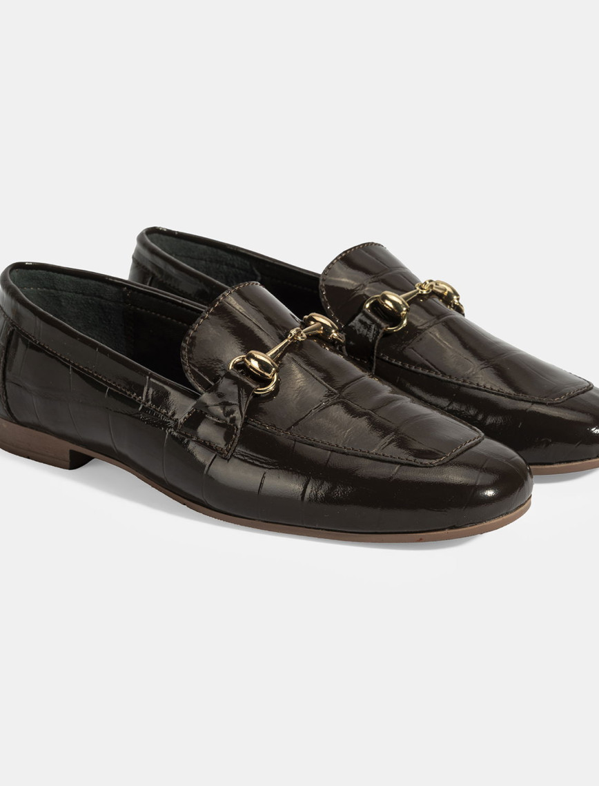 Kadın Kahve Kroko Baskılı Toka Detaylı Deri Loafer Kadın Kahve Kroko Baskılı Toka Detaylı Deri Loafer