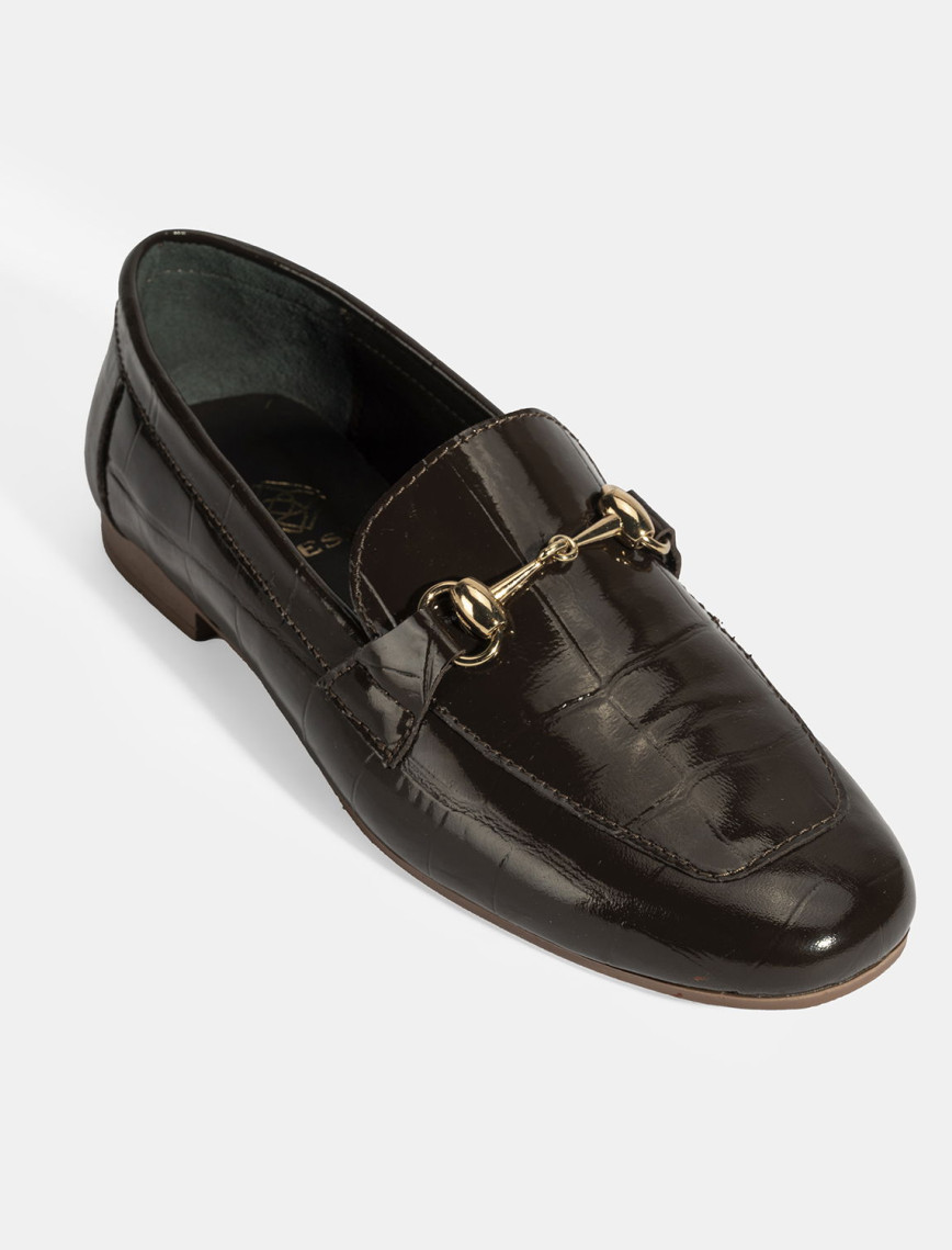 Kadın Kahve Kroko Baskılı Toka Detaylı Deri Loafer Kadın Kahve Kroko Baskılı Toka Detaylı Deri Loafer