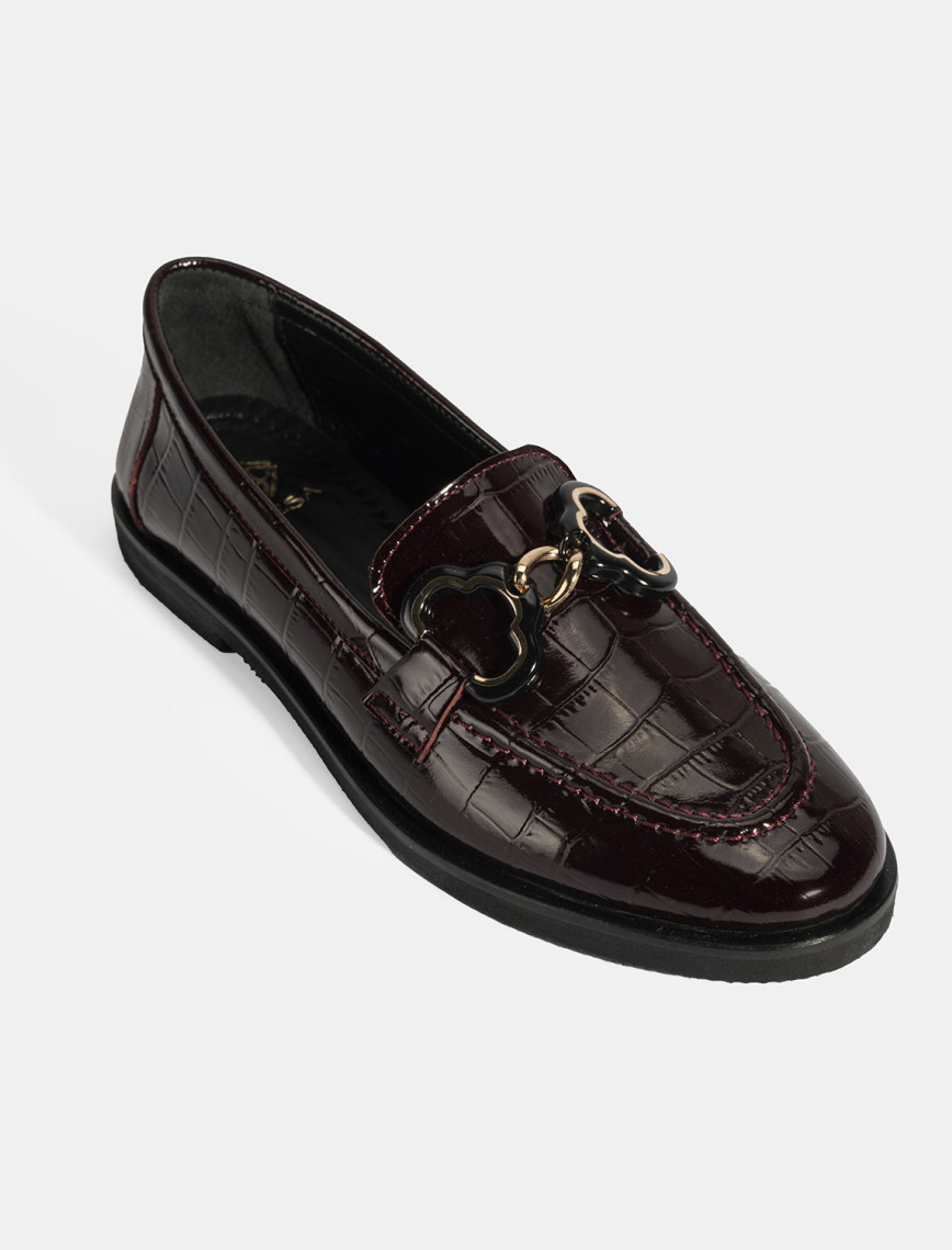 Kadın Bordo Kroko Baskılı Toka Detaylı Deri Loafer Kadın Bordo Kroko Baskılı Toka Detaylı Deri Loafer