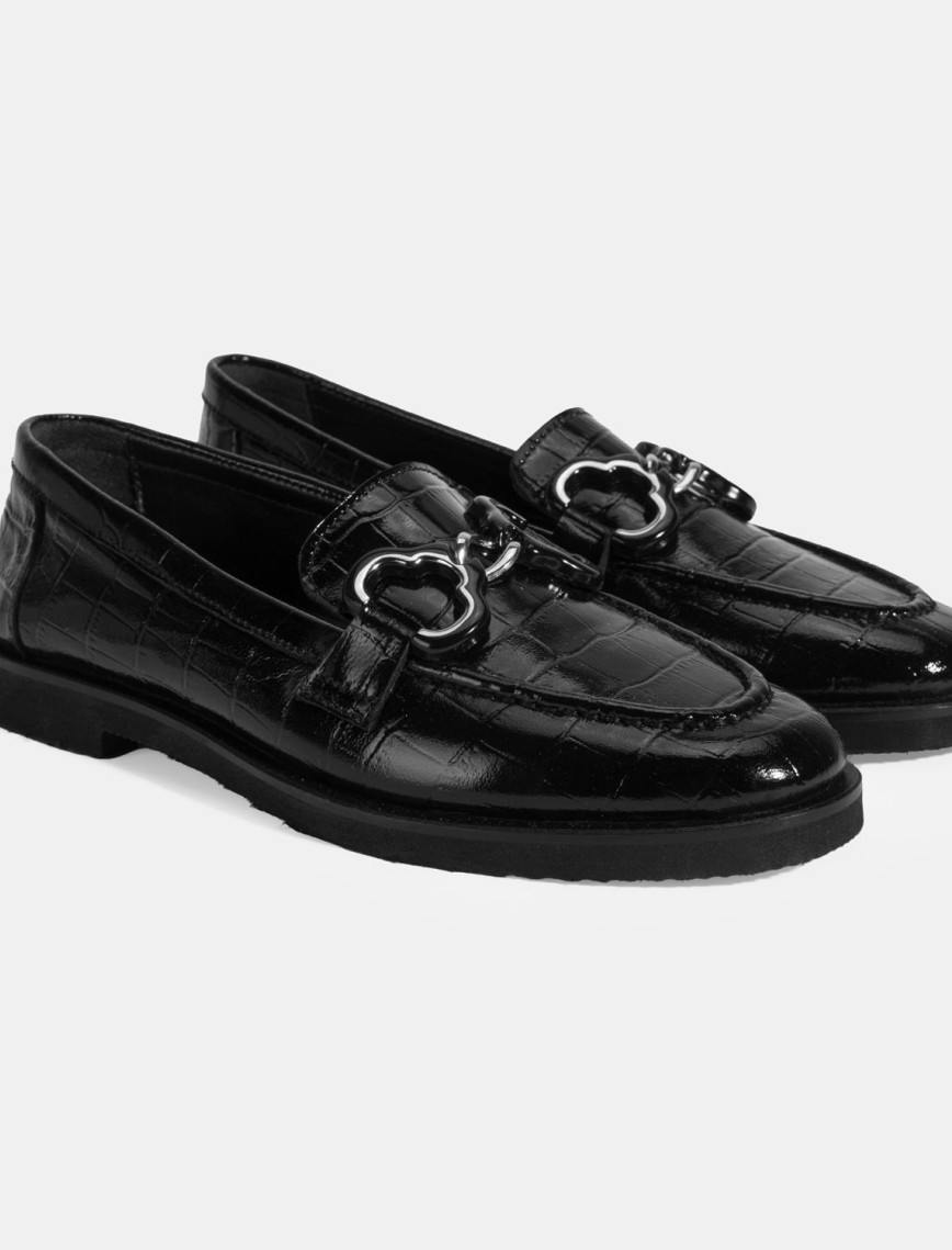 Kadın Siyah Kroko Baskılı Toka Detaylı Deri Loafer Kadın Siyah Kroko Baskılı Toka Detaylı Deri Loafer