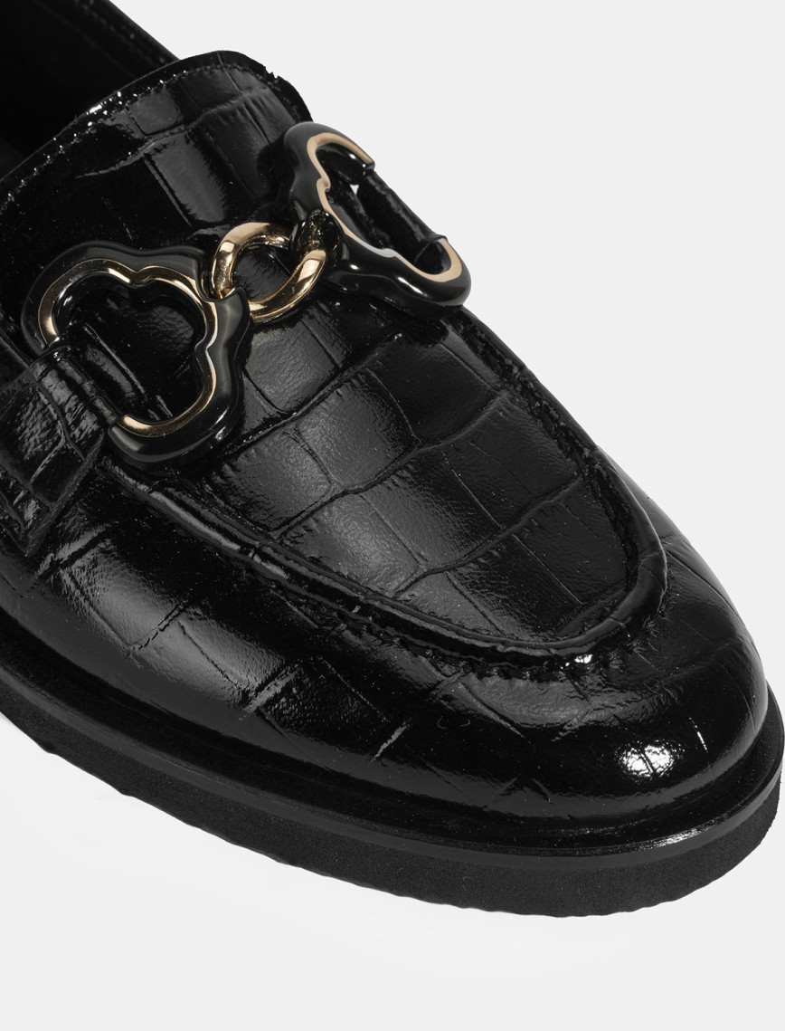 Kadın Siyah Kroko Baskılı Toka Detaylı Deri Loafer Kadın Siyah Kroko Baskılı Toka Detaylı Deri Loafer