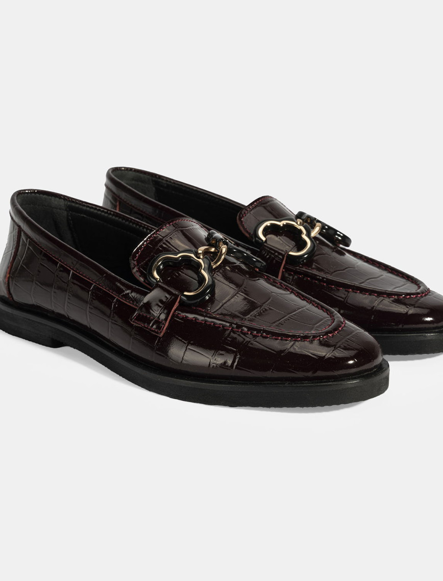Kadın Siyah Kroko Baskılı Toka Detaylı Deri Loafer Kadın Siyah Kroko Baskılı Toka Detaylı Deri Loafer