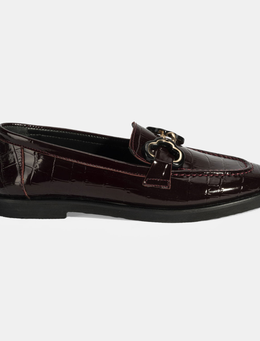Kadın Bordo Kroko Baskılı Toka Detaylı Deri Loafer Kadın Bordo Kroko Baskılı Toka Detaylı Deri Loafer