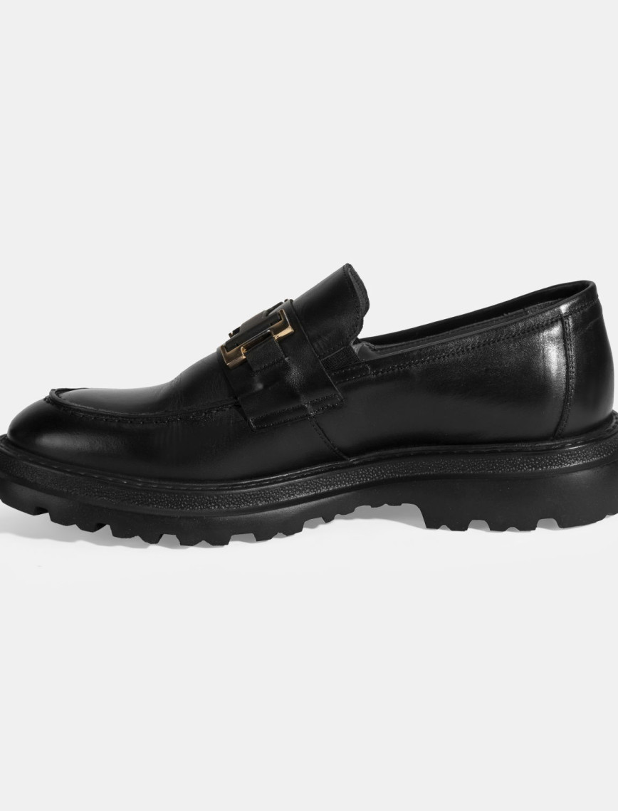 Erkek Siyah Metal Toka Detaylı Deri Loafer Erkek Siyah Metal Toka Detaylı Deri Loafer
