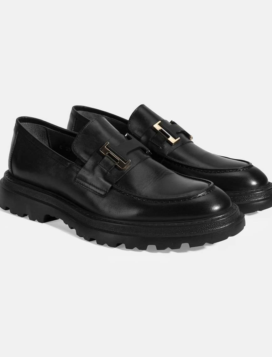 Erkek Siyah Metal Toka Detaylı Deri Loafer Erkek Siyah Metal Toka Detaylı Deri Loafer