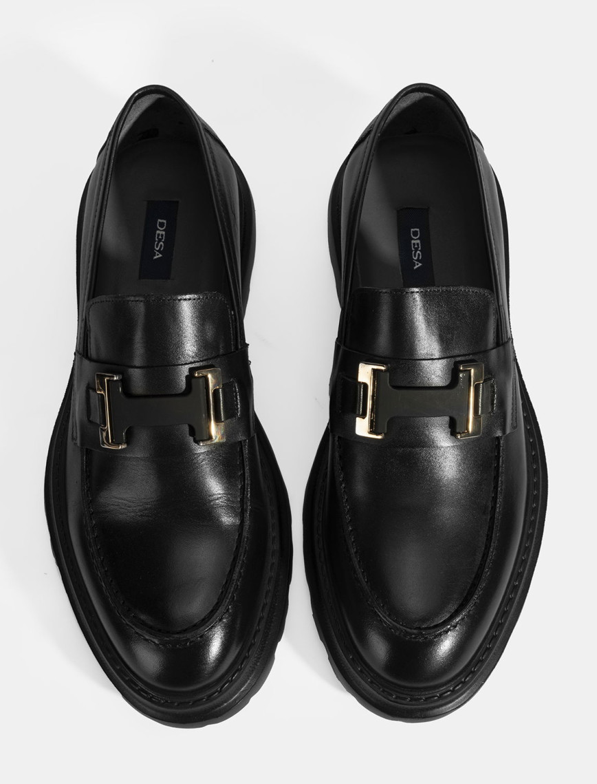 Erkek Siyah Metal Toka Detaylı Deri Loafer Erkek Siyah Metal Toka Detaylı Deri Loafer