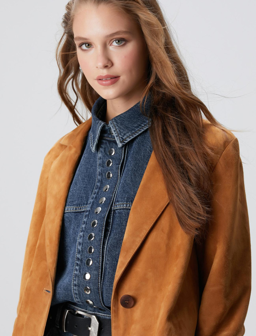 Network Kadın Camel Blazer Süet Deri Ceket Network Kadın Camel Blazer Süet Deri Ceket