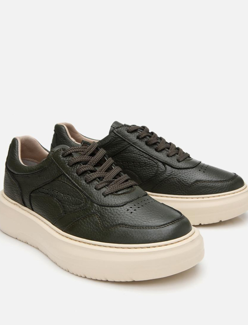 Erkek Deri Haki Yüksek Tabanlı Spor Ayakkabı