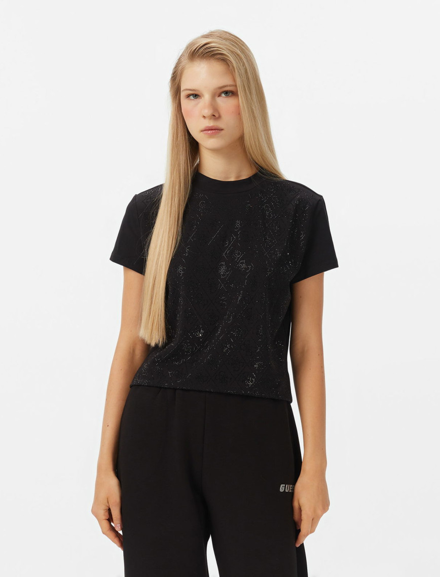 Guess Mock Neck All Over Mid Organic Stretch Jersey 180 Kadın Beyaz T-Shirt Guess Mock Neck All Over Mid Organic Stretch Jersey 180 Kadın Beyaz T-Shirt