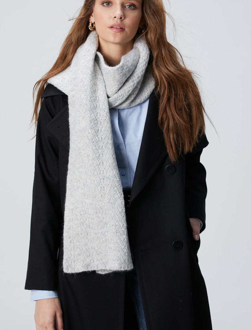 Network Kadın Gri Siyah Beyaz Yün Karışımlı Atkı