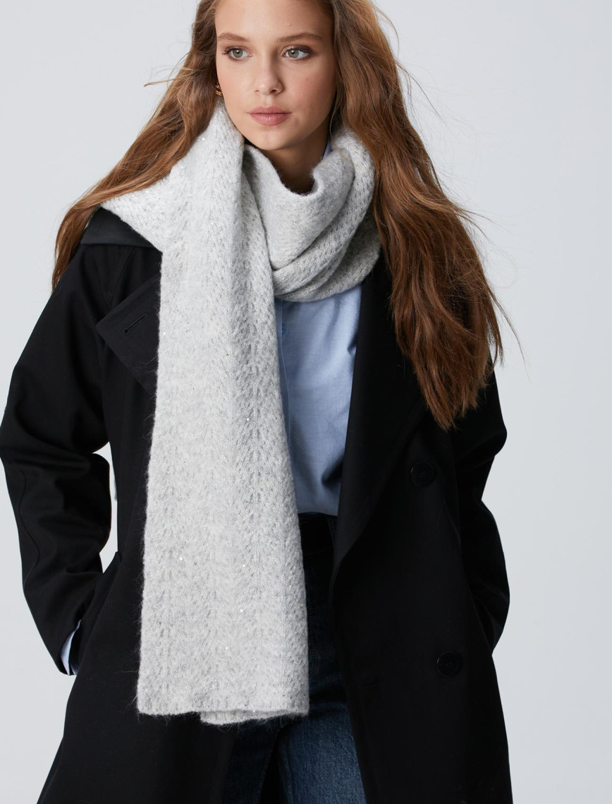 Network Kadın Gri Siyah Beyaz Yün Karışımlı Atkı