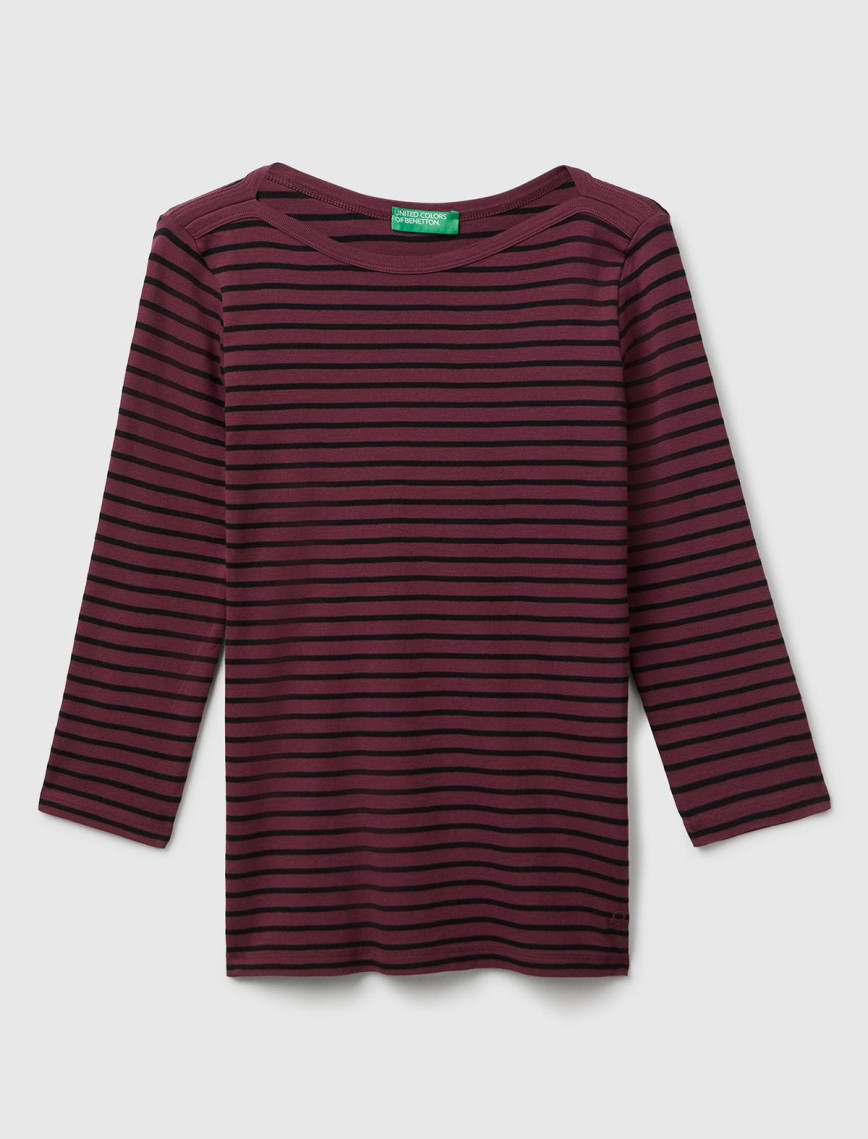 Kadın Mor %100 Pamuk Çizgili Logolu Kayık Yaka Truvakar Kol T-Shirt Kadın Mor %100 Pamuk Çizgili Logolu Kayık Yaka Truvakar Kol T-Shirt