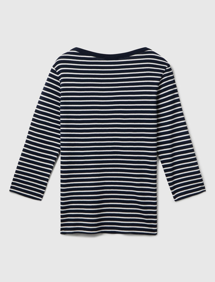 Kadın Lacivert %100 Pamuk Çizgili Logolu Kayık Yaka Truvakar Kol T-Shirt Kadın Lacivert %100 Pamuk Çizgili Logolu Kayık Yaka Truvakar Kol T-Shirt