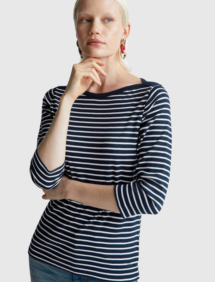 Kadın Sİyah %100 Pamuk Çizgili Logolu Kayık Yaka Truvakar Kol T-Shirt Kadın Sİyah %100 Pamuk Çizgili Logolu Kayık Yaka Truvakar Kol T-Shirt