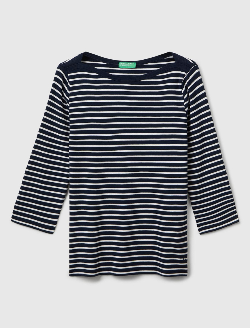 Kadın Lacivert %100 Pamuk Çizgili Logolu Kayık Yaka Truvakar Kol T-Shirt Kadın Lacivert %100 Pamuk Çizgili Logolu Kayık Yaka Truvakar Kol T-Shirt