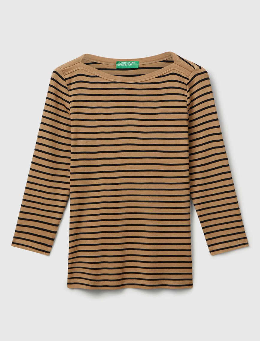 Kadın Kahverengi %100 Pamuk Çizgili Logolu Kayık Yaka Truvakar Kol T-Shirt Kadın Kahverengi %100 Pamuk Çizgili Logolu Kayık Yaka Truvakar Kol T-Shirt