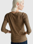 Kadın Kahverengi %100 Pamuk Çizgili Logolu Kayık Yaka Truvakar Kol T-Shirt Kadın Kahverengi %100 Pamuk Çizgili Logolu Kayık Yaka Truvakar Kol T-Shirt
