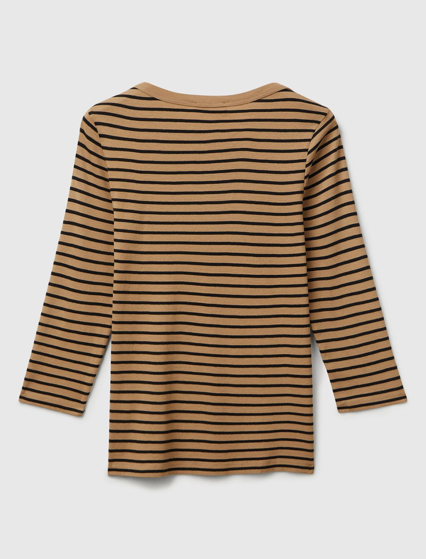 Kadın Kahverengi %100 Pamuk Çizgili Logolu Kayık Yaka Truvakar Kol T-Shirt Kadın Kahverengi %100 Pamuk Çizgili Logolu Kayık Yaka Truvakar Kol T-Shirt