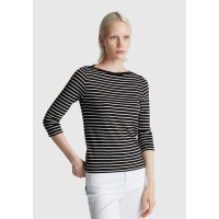 Kadın Sİyah %100 Pamuk Çizgili Logolu Kayık Yaka Truvakar Kol T-Shirt Kadın Sİyah %100 Pamuk Çizgili Logolu Kayık Yaka Truvakar Kol T-Shirt