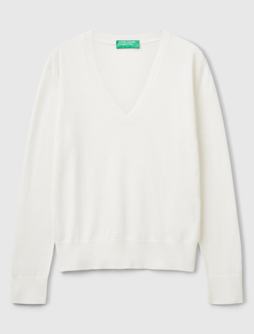 Kadın Krem Viskoz ve İpek Karışımlı V Yaka Triko Kazak Kadın Krem Viskoz ve İpek Karışımlı V Yaka Triko Kazak