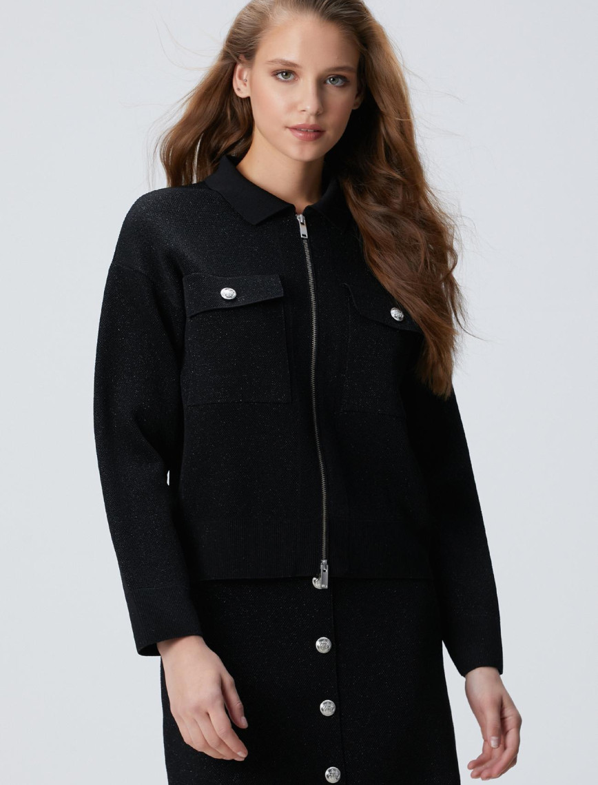 Network Kadın Siyah Simli Triko Ceket Network Kadın Siyah Simli Triko Ceket