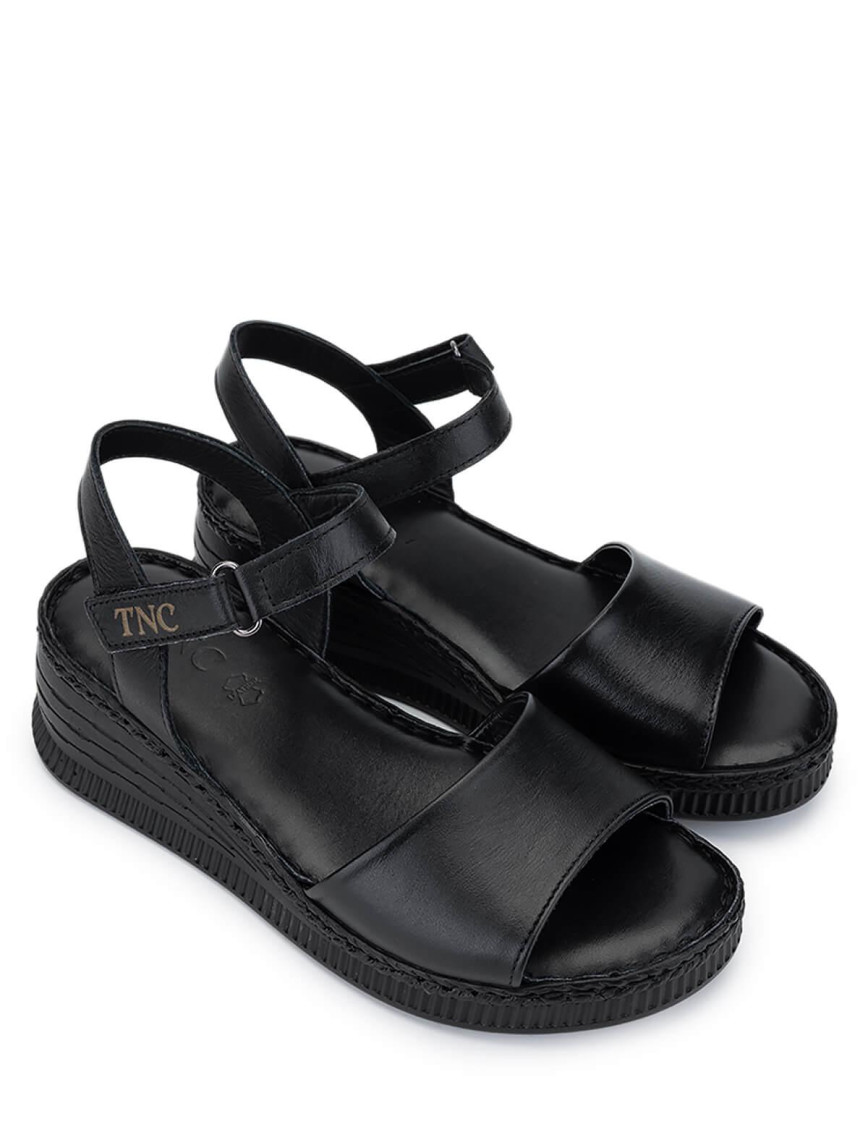 Tamer Tanca Kadın Hakiki Deri Siyah Deri Comfort Sandalet