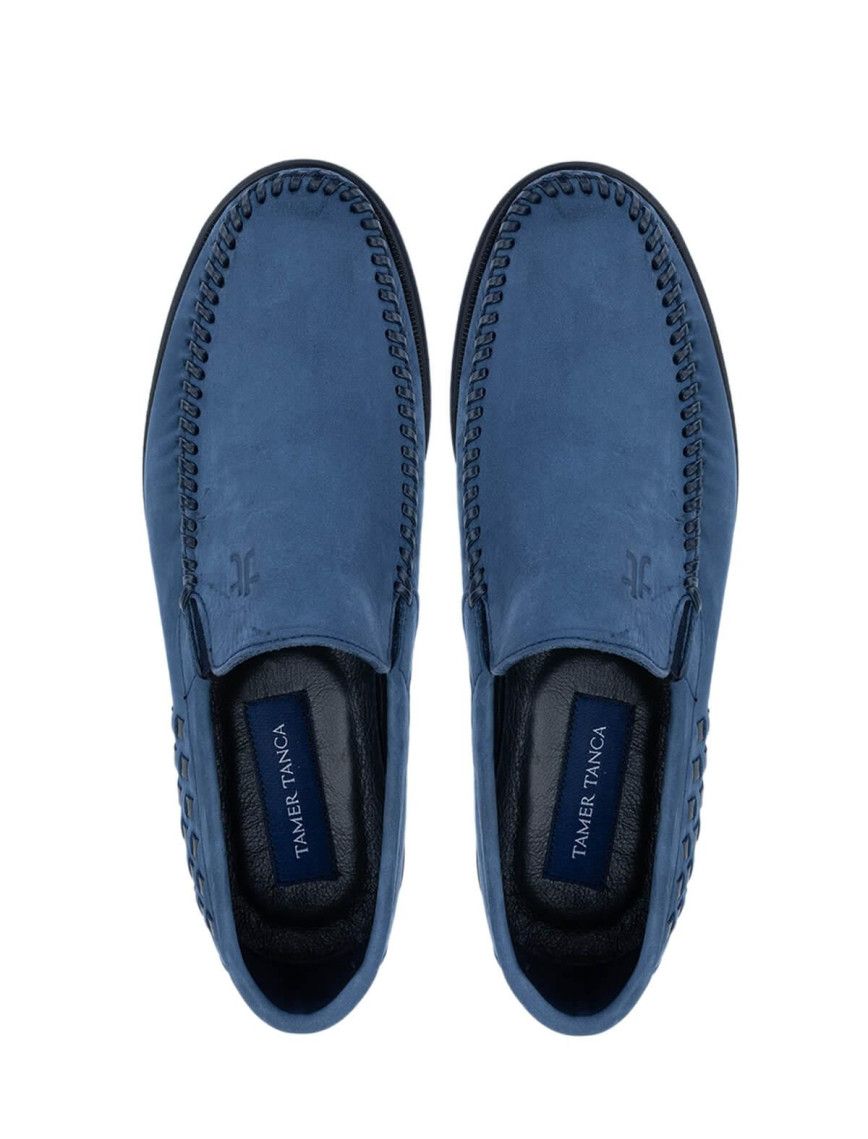 Tamer Tanca Erkek Hakiki Deri Mavi Nubuk Loafer Ayakkabı