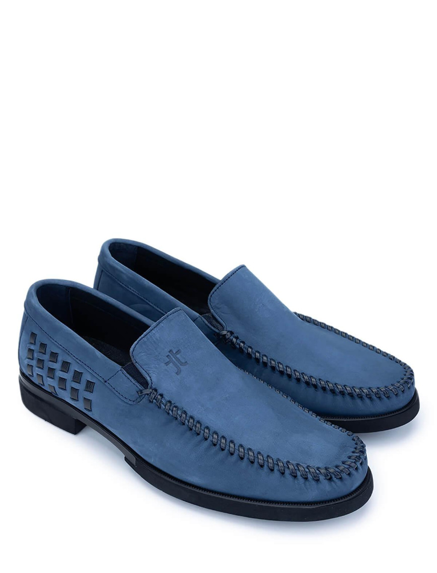 Tamer Tanca Erkek Hakiki Deri Mavi Nubuk Loafer Ayakkabı