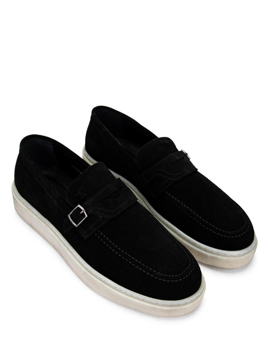 Tamer Tanca Erkek Hakiki Deri Siyah Süet Loafer Ayakkabı