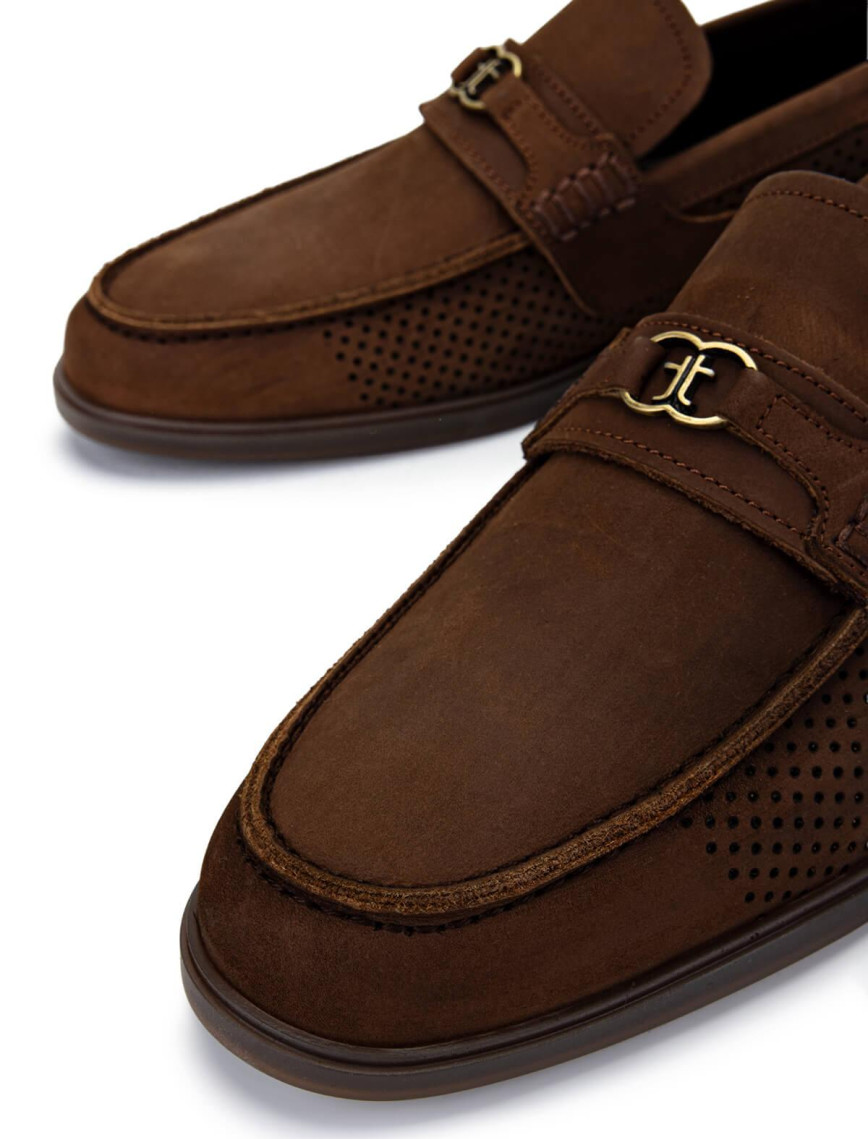 Tamer Tanca Erkek Hakiki Deri Kahverengi Nubuk Loafer Ayakkabı
