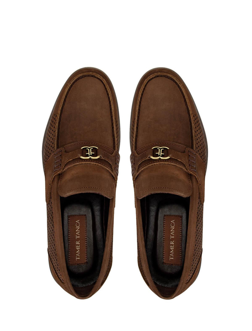 Tamer Tanca Erkek Hakiki Deri Kahverengi Nubuk Loafer Ayakkabı