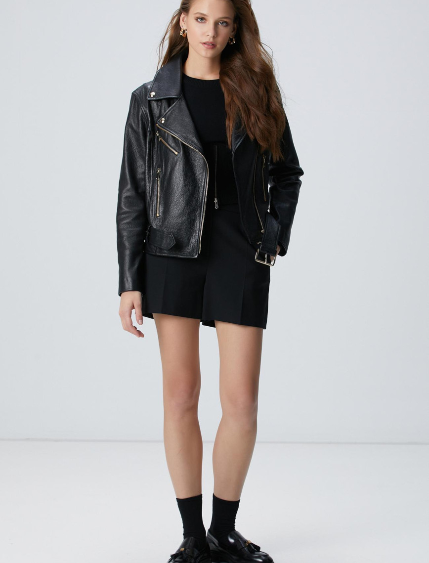 Network Kadın Siyah Bike Deri Mont