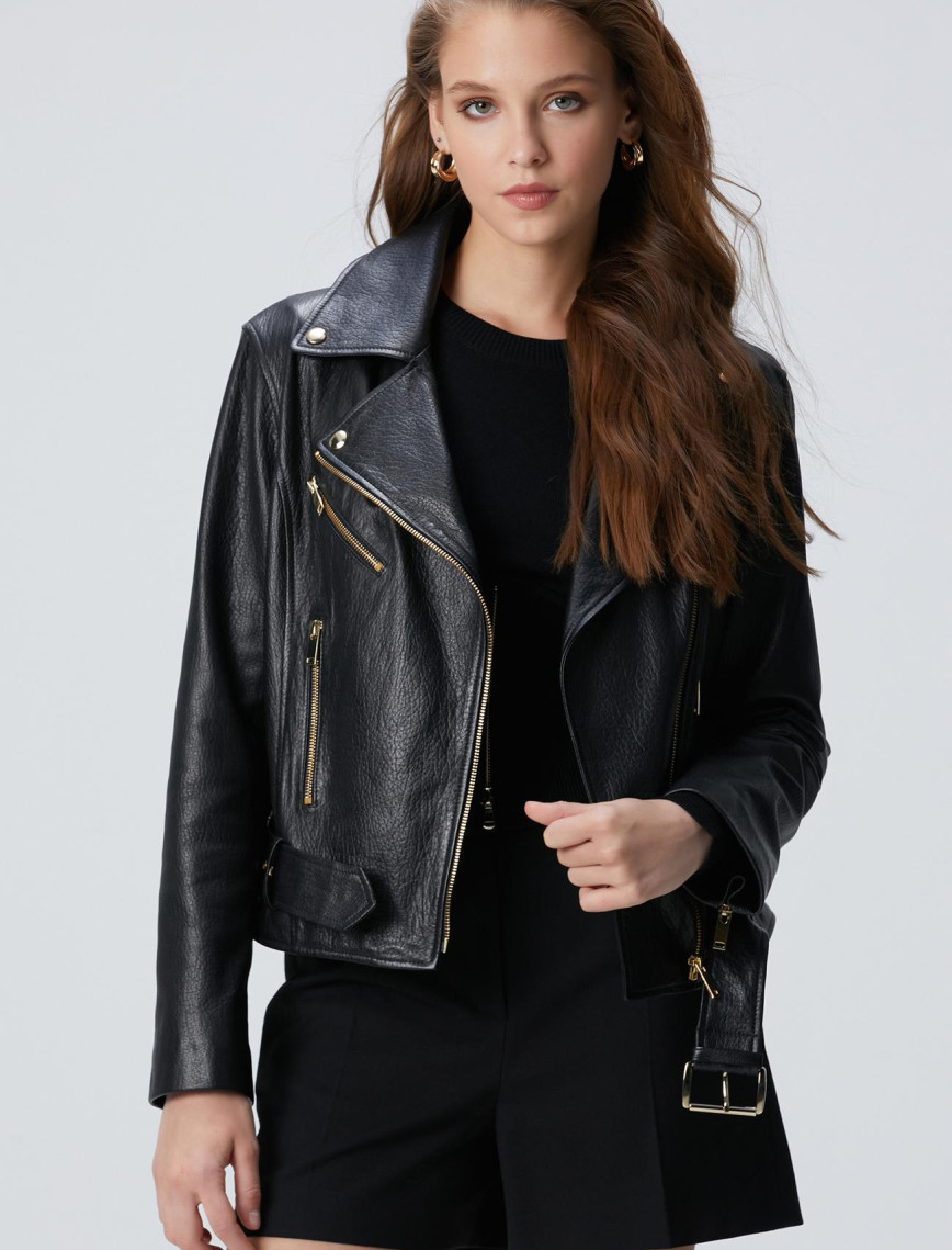 Network Kadın Siyah Bike Deri Mont