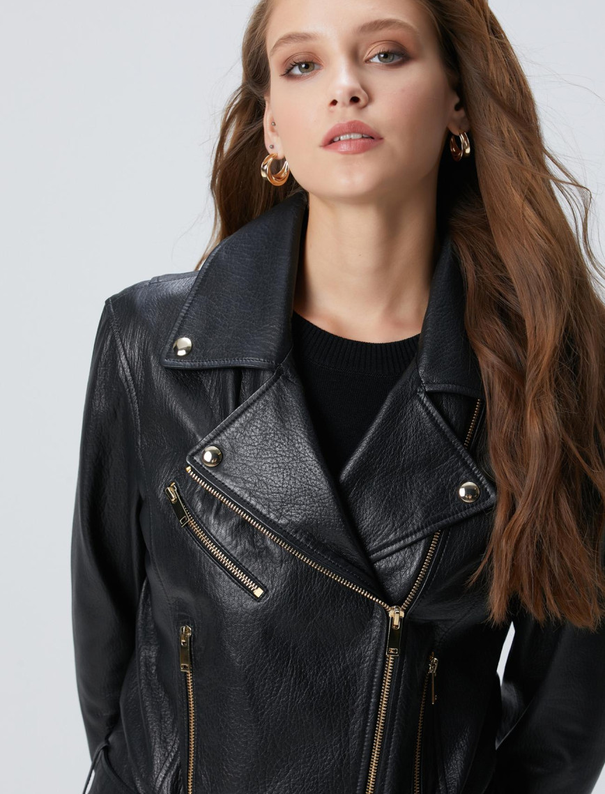 Network Kadın Siyah Bike Deri Mont