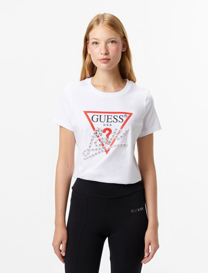 Guess Pearls Regular Fit Kadın Beyaz T-Shirt Guess Pearls Regular Fit Kadın Beyaz T-Shirt