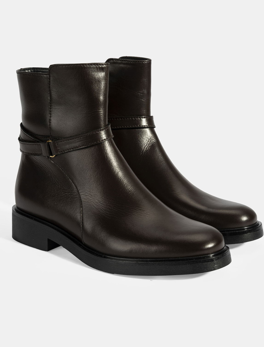 Kadın Kahve Metal Toka Detaylı Fermuarlı Deri Bot Kadın Kahve Metal Toka Detaylı Fermuarlı Deri Bot