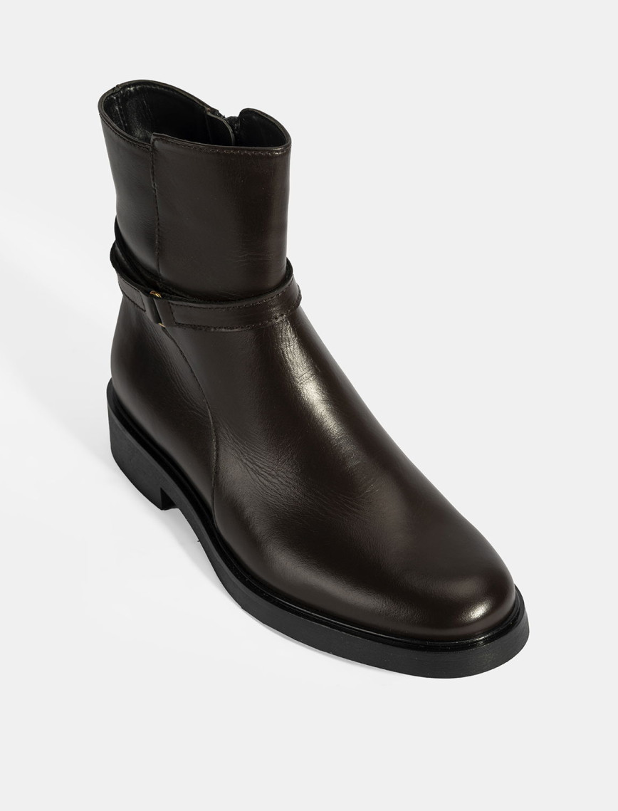 Kadın Kahve Metal Toka Detaylı Fermuarlı Deri Bot Kadın Kahve Metal Toka Detaylı Fermuarlı Deri Bot