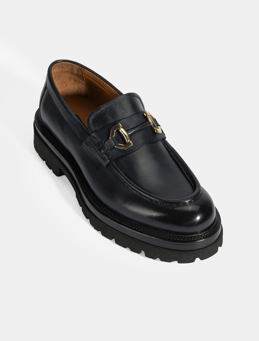 Erkek Lacivert Metal Toka Detaylı Deri Loafer Erkek Lacivert Metal Toka Detaylı Deri Loafer