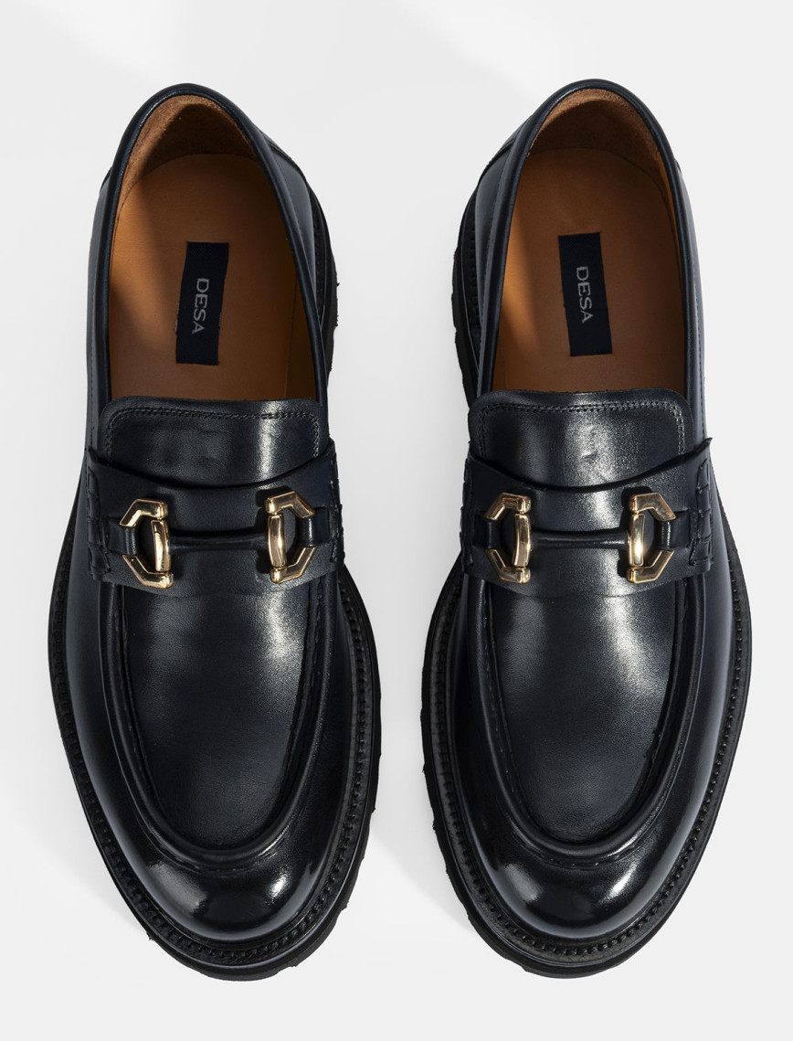 Erkek Lacivert Metal Toka Detaylı Deri Loafer Erkek Lacivert Metal Toka Detaylı Deri Loafer