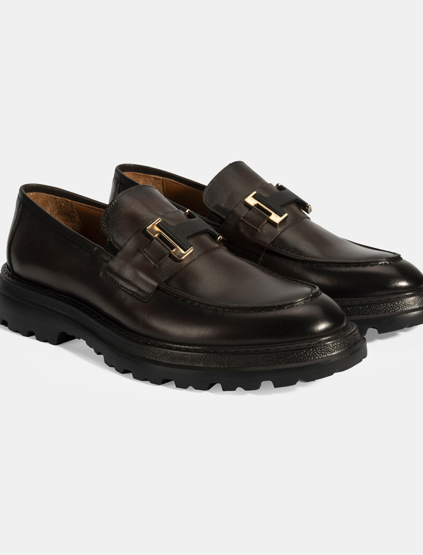 Erkek Siyah Metal Toka Detaylı Deri Loafer Erkek Siyah Metal Toka Detaylı Deri Loafer