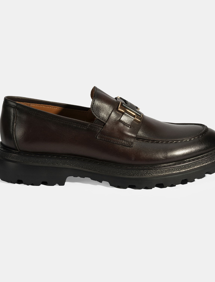 Erkek Kahve Metal Toka Detaylı Deri Loafer Erkek Kahve Metal Toka Detaylı Deri Loafer