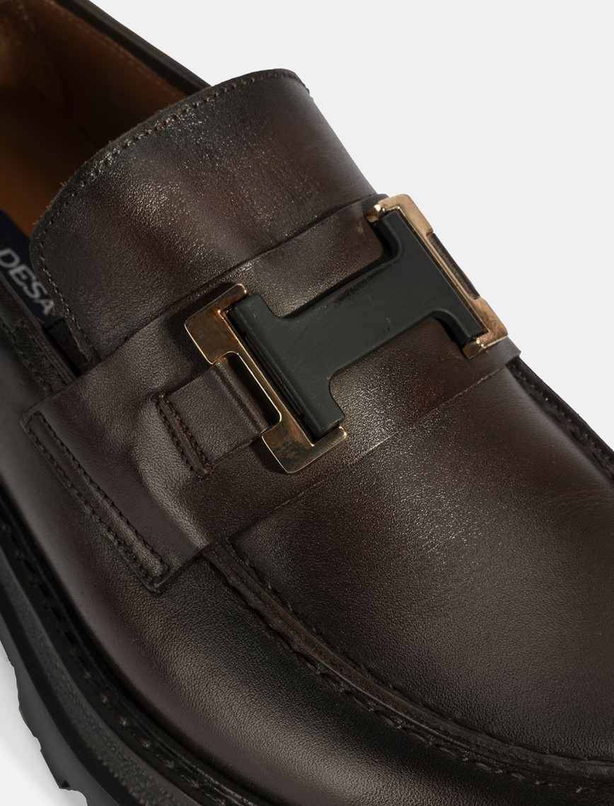 Erkek Kahve Metal Toka Detaylı Deri Loafer Erkek Kahve Metal Toka Detaylı Deri Loafer