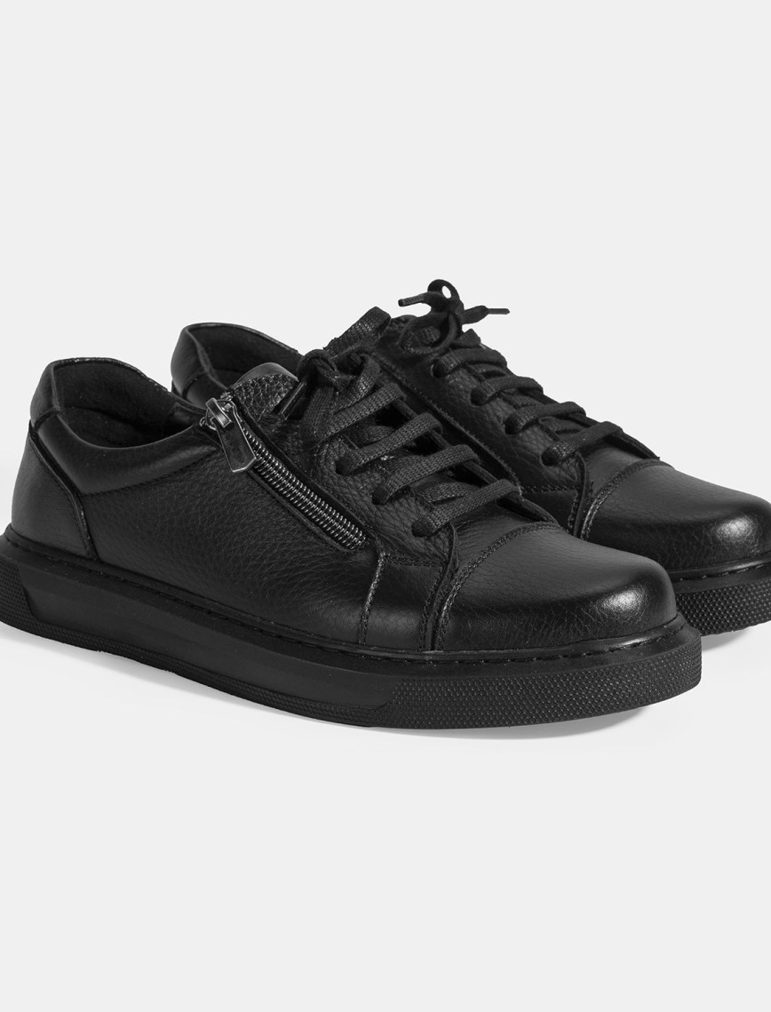 Kadın Siyah Bağcıklı Fermuar Detaylı Deri Günlük Ayakkabı Kadın Siyah Bağcıklı Fermuar Detaylı Deri Günlük Ayakkabı