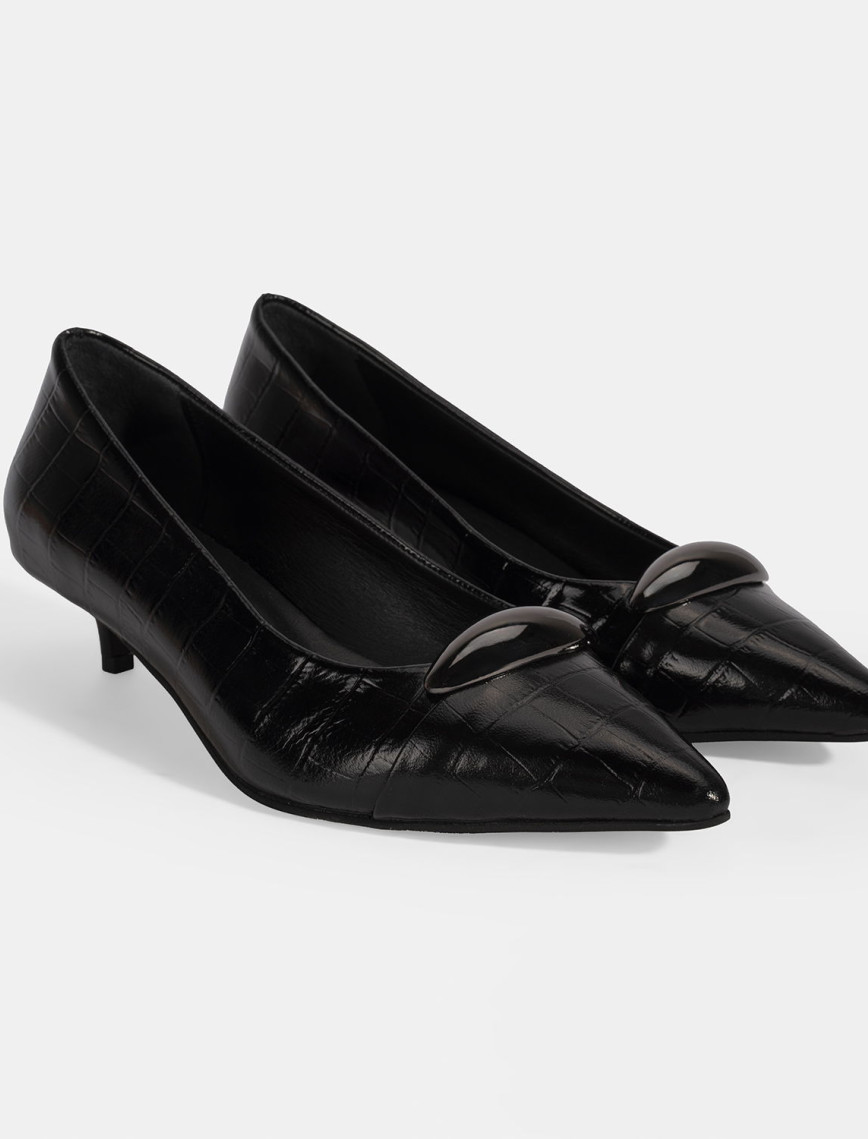 Kadın Siyah Kroko Baskılı Deri Topuklu Ayakkabı Kadın Siyah Kroko Baskılı Deri Topuklu Ayakkabı