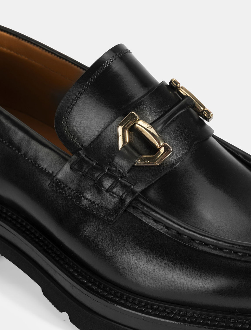 Erkek Siyah Metal Toka Detaylı Deri Loafer Erkek Siyah Metal Toka Detaylı Deri Loafer