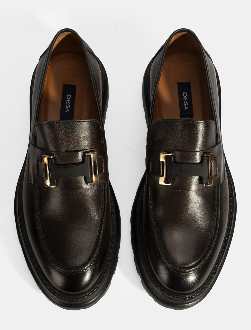 Erkek Kahve Metal Toka Detaylı Deri Loafer Erkek Kahve Metal Toka Detaylı Deri Loafer