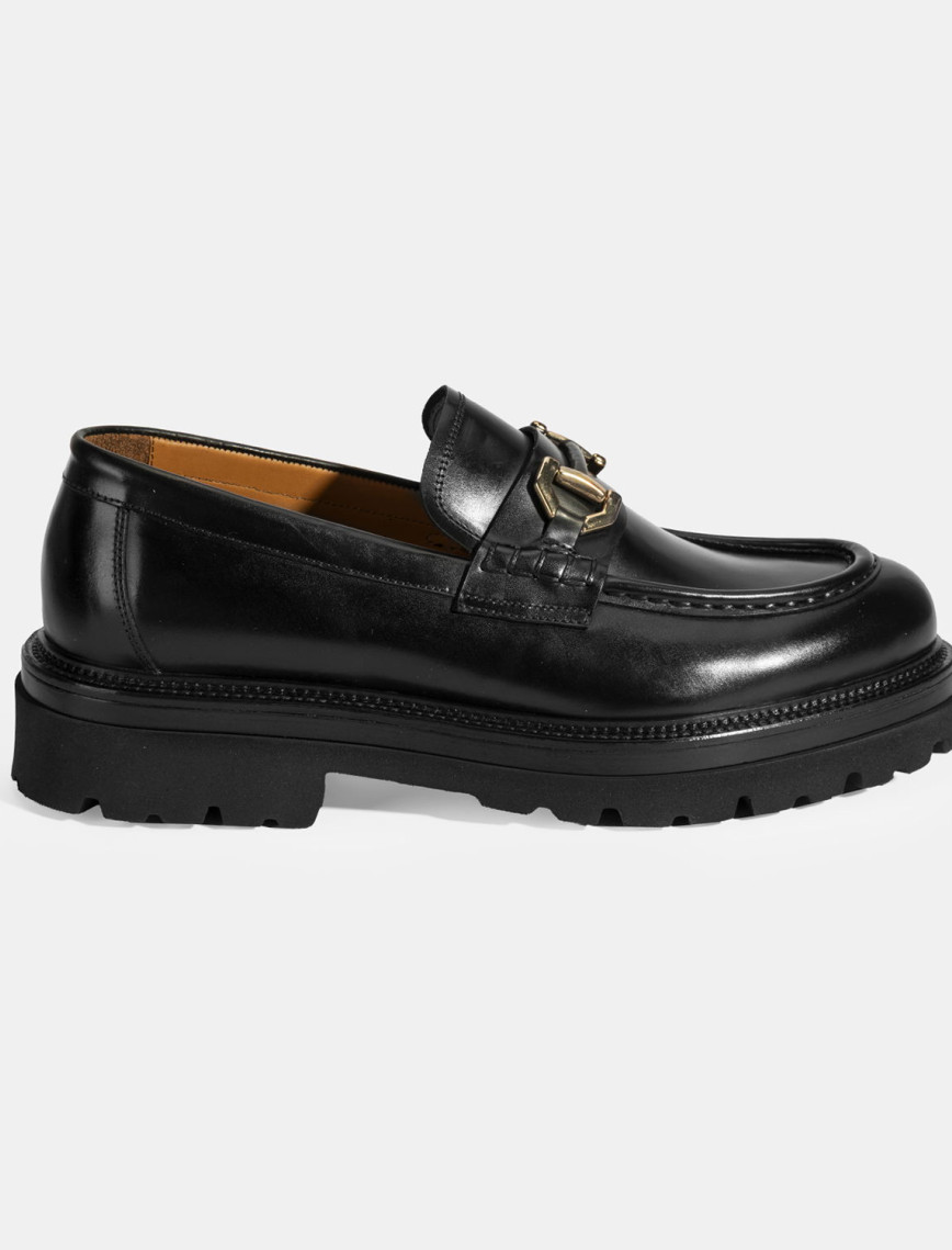 Erkek Siyah Metal Toka Detaylı Deri Loafer Erkek Siyah Metal Toka Detaylı Deri Loafer