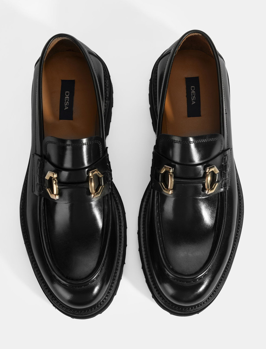 Erkek Siyah Metal Toka Detaylı Deri Loafer Erkek Siyah Metal Toka Detaylı Deri Loafer
